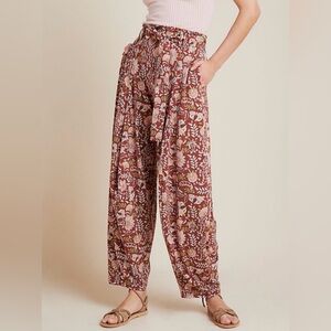 Anthropologie brown and pink Floral Wide Leg Pants boho cottagecore size small